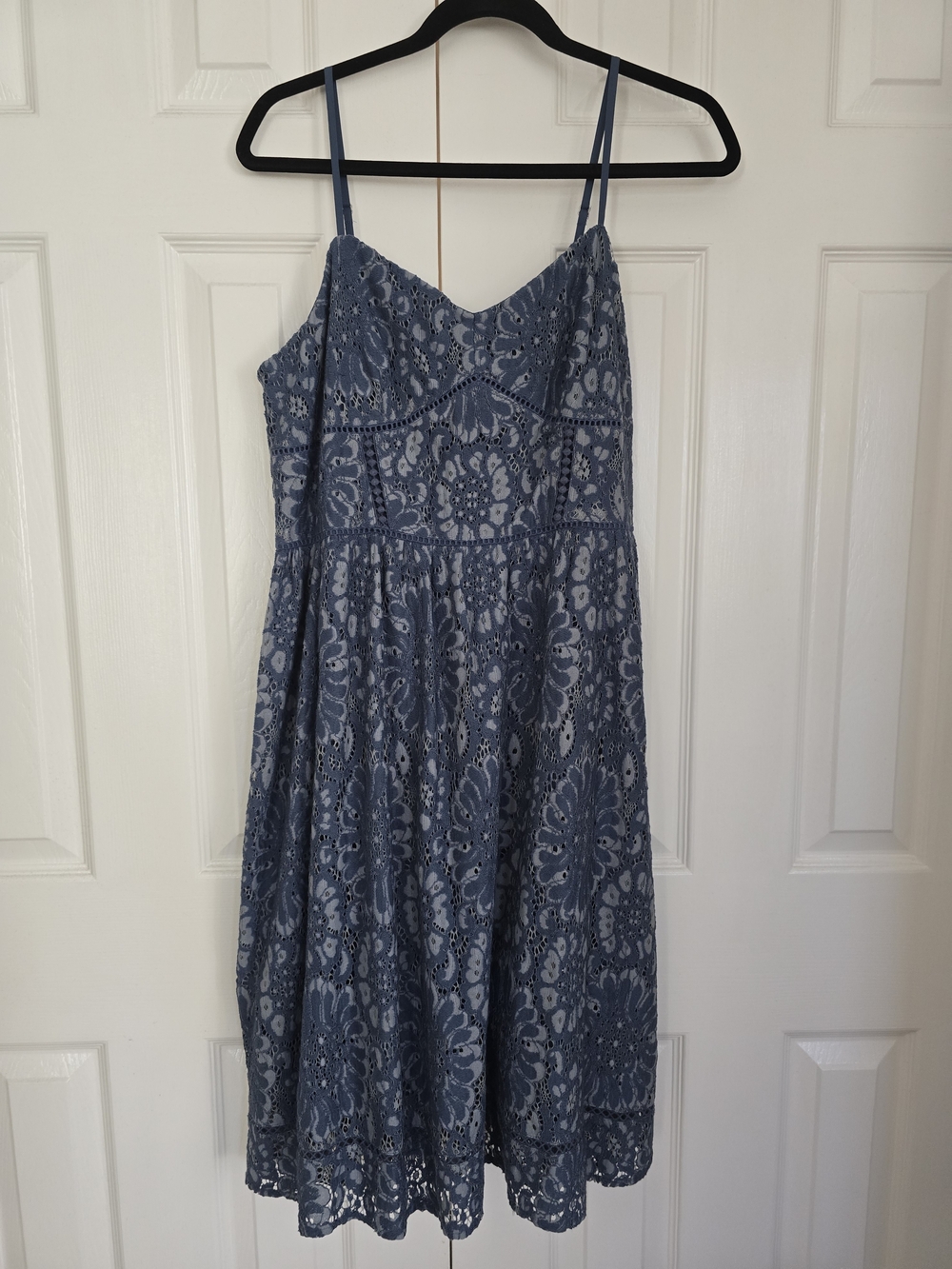 LOFT Dusty Blue Lace Fit-and-Flare Spaghetti Strap Dress
